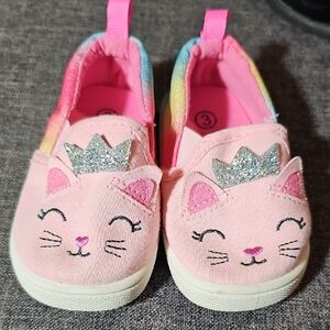 Wonder Nation Girl Pink Cat Face Kids Shoes Slip On Size 3 Rainbow New